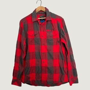 KAVU Mens Klear Above Buffalo Plaid Flannel Shirt Red Grey Button Up Medium